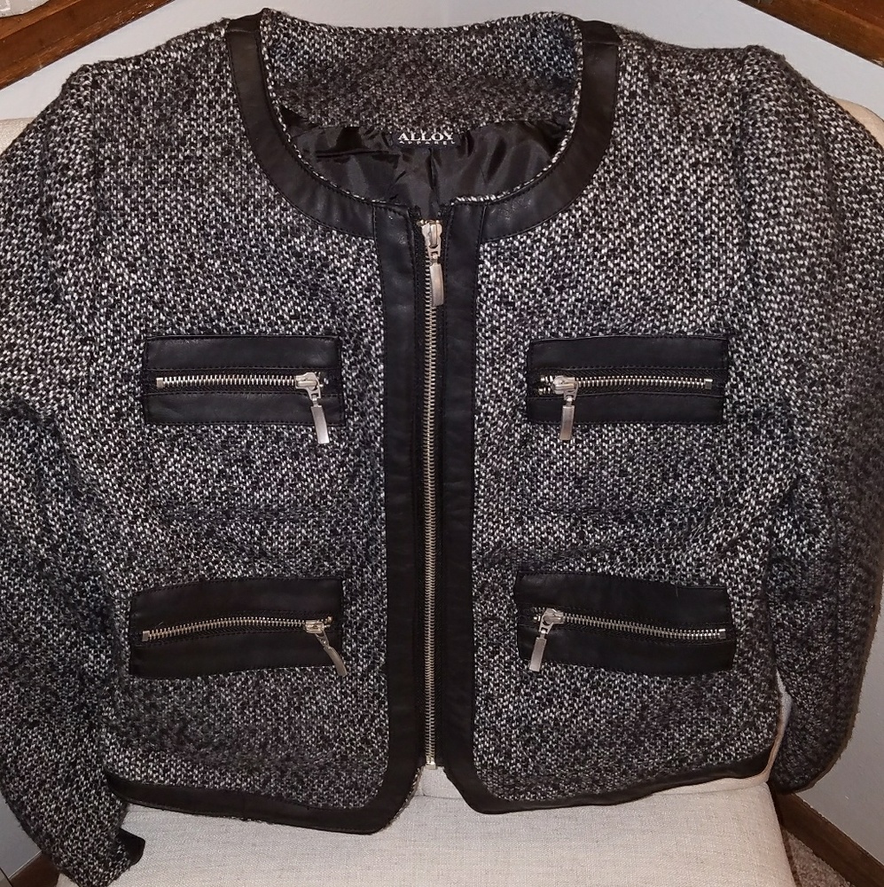 Tweed and Faux Leather Jacket with Zippers